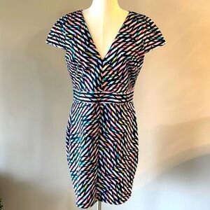 LULU’S Body-con multi geometric striped sheath dress waisted cap sleeve Vneck ΧL